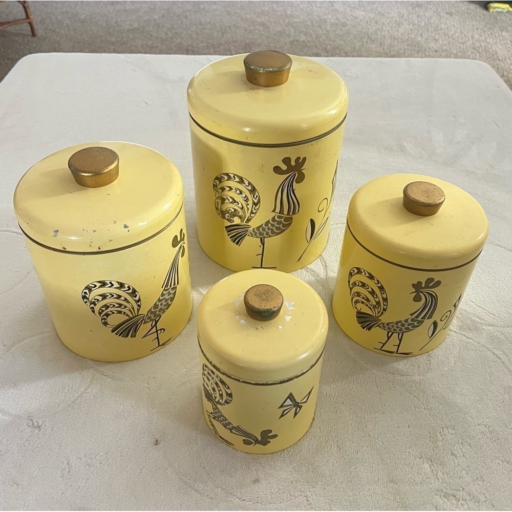 Ransburg Indianapolis Metal Jar Canister Set 4 Rooster Cream Vintage 1950s-1960s